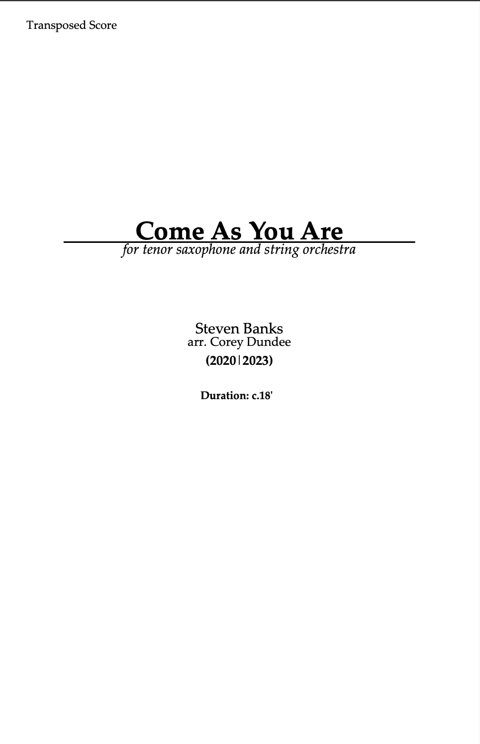 Come As You Are (String Orchestra Version) (Parts Rental Only) by Steven Banks arr. Corey Dundee